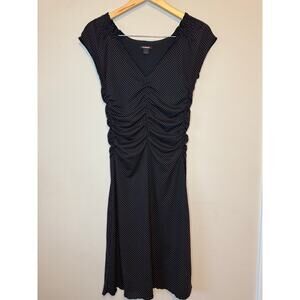 Express Y2k black dress with pink polka dots and ruched